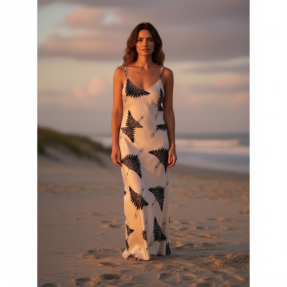 Worthington Maxi Dress Crane Bird Print 6 Cream Black Women Summer Tie Back Boho